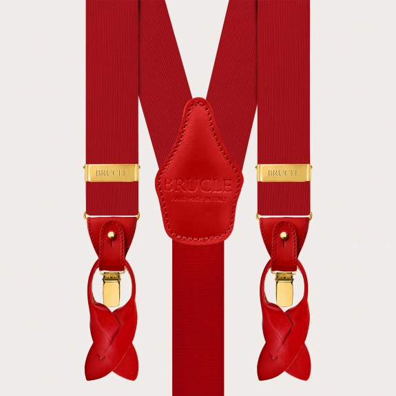 Red silk men's suspenders with dual-use gold clips