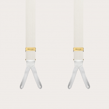 White narrow silk suspenders with buttonholes and gold adjusters