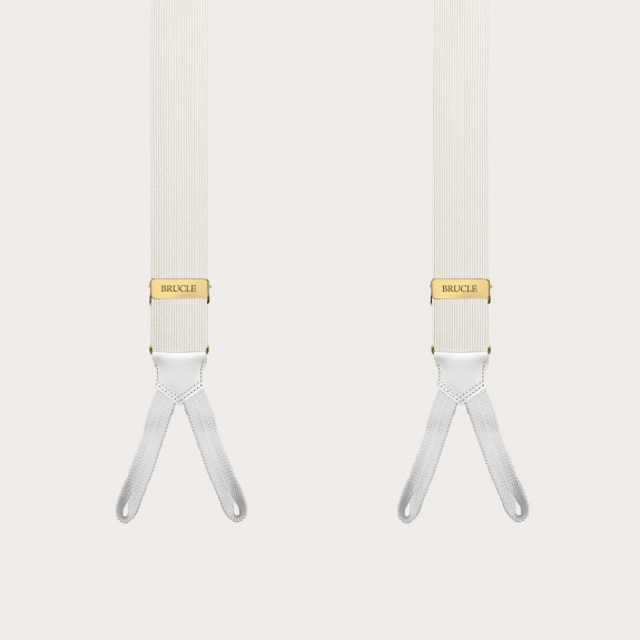 White narrow silk suspenders with buttonholes and gold adjusters