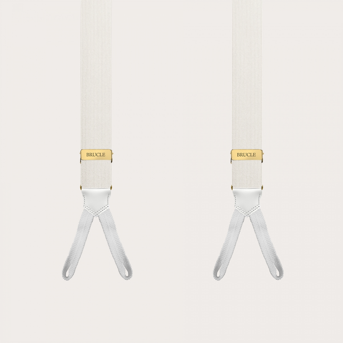 White narrow silk suspenders with buttonholes and gold adjusters