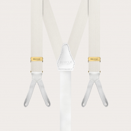 White narrow silk suspenders with buttonholes and gold adjusters