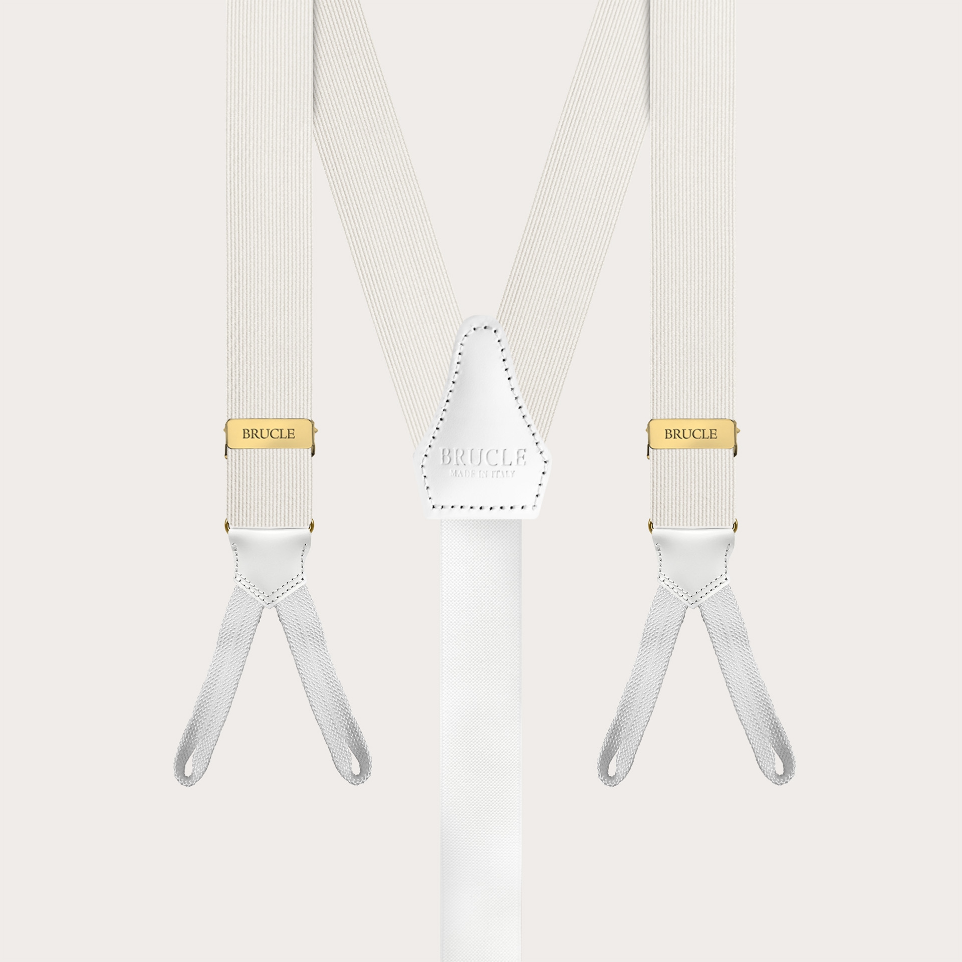 White narrow silk suspenders with buttonholes and gold adjusters