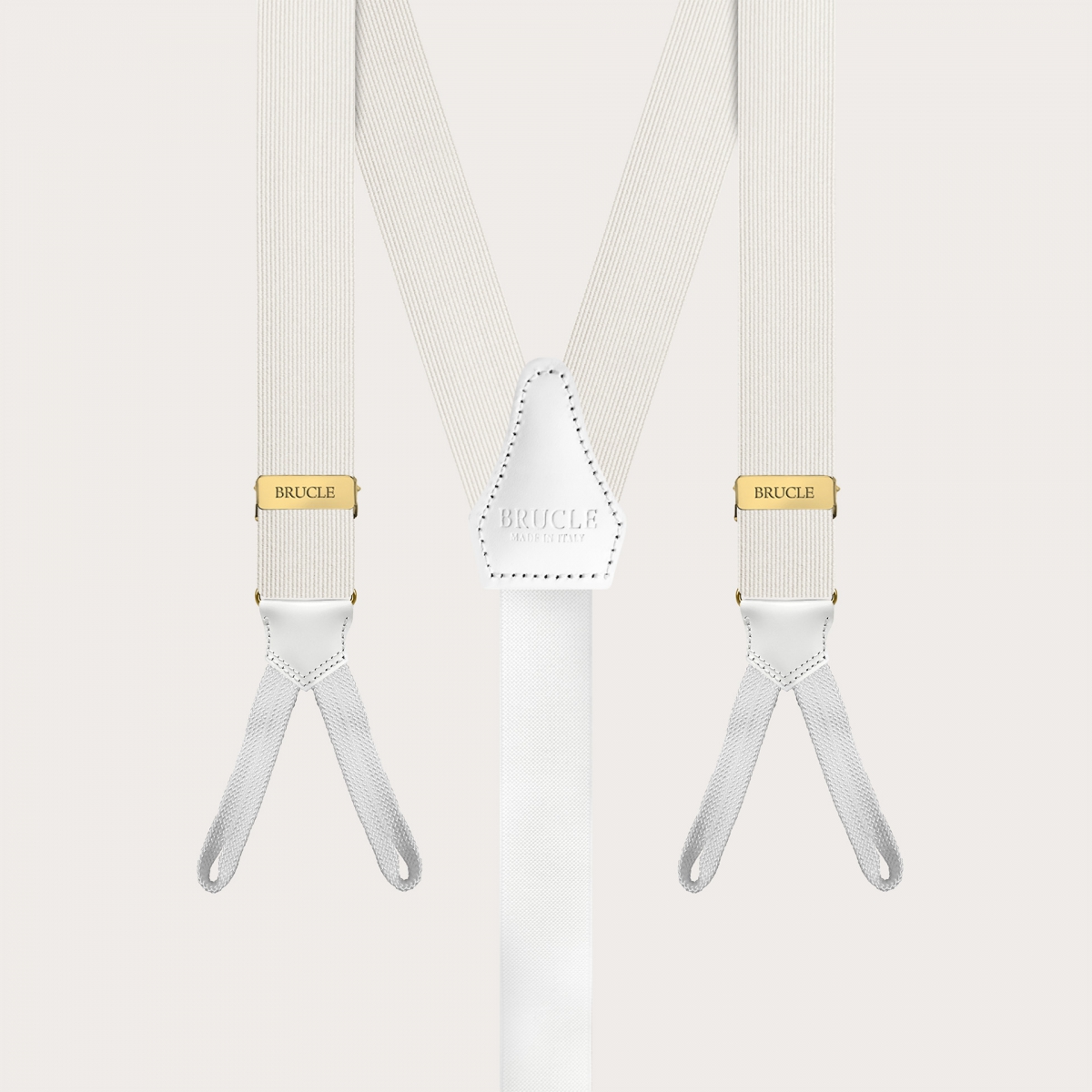 White narrow silk suspenders with buttonholes and gold adjusters