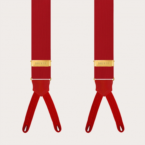 Red silk suspenders with buttonholes and gold adjusters