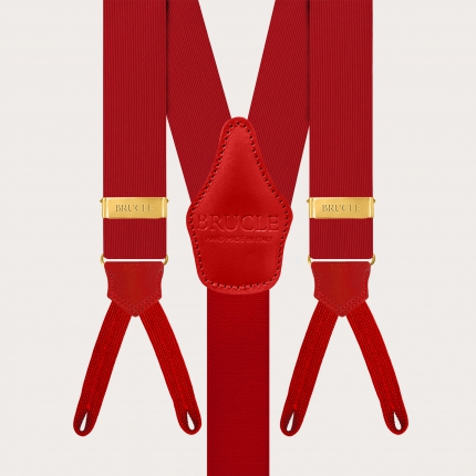 Red silk suspenders with buttonholes and gold adjusters