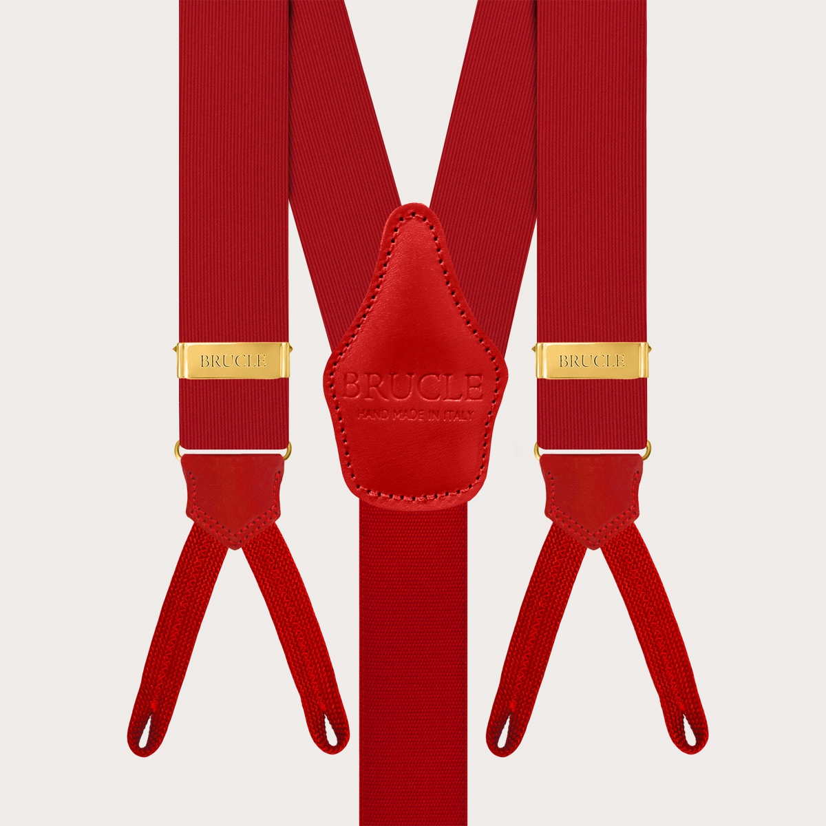 Red silk suspenders with buttonholes and gold adjusters