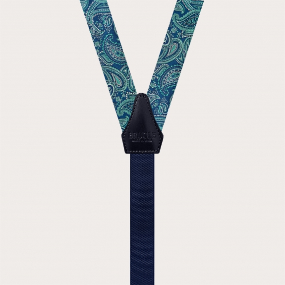 Narrow green paisley silk suspenders for clips and buttons