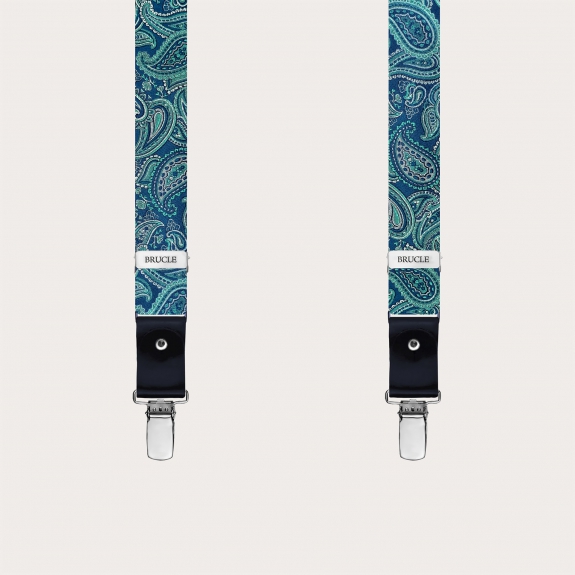 Narrow green paisley silk suspenders for clips and buttons