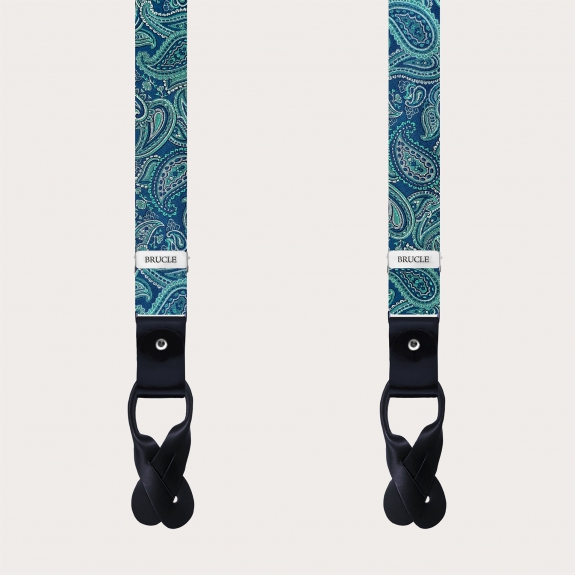 Narrow green paisley silk suspenders for clips and buttons