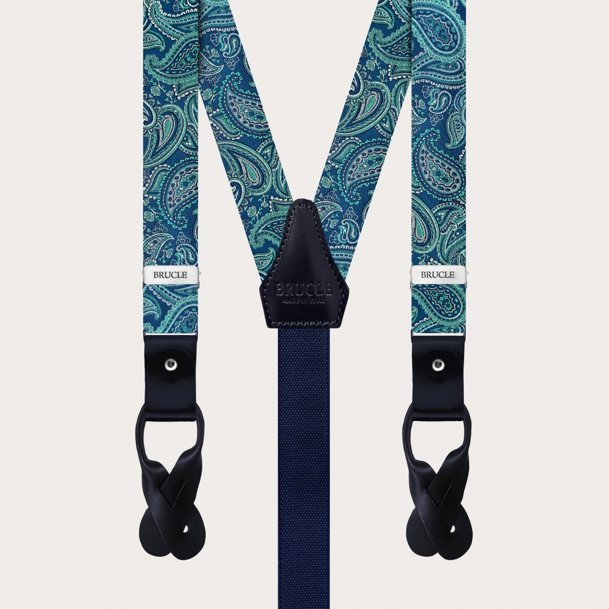 Narrow green paisley silk suspenders for clips and buttons