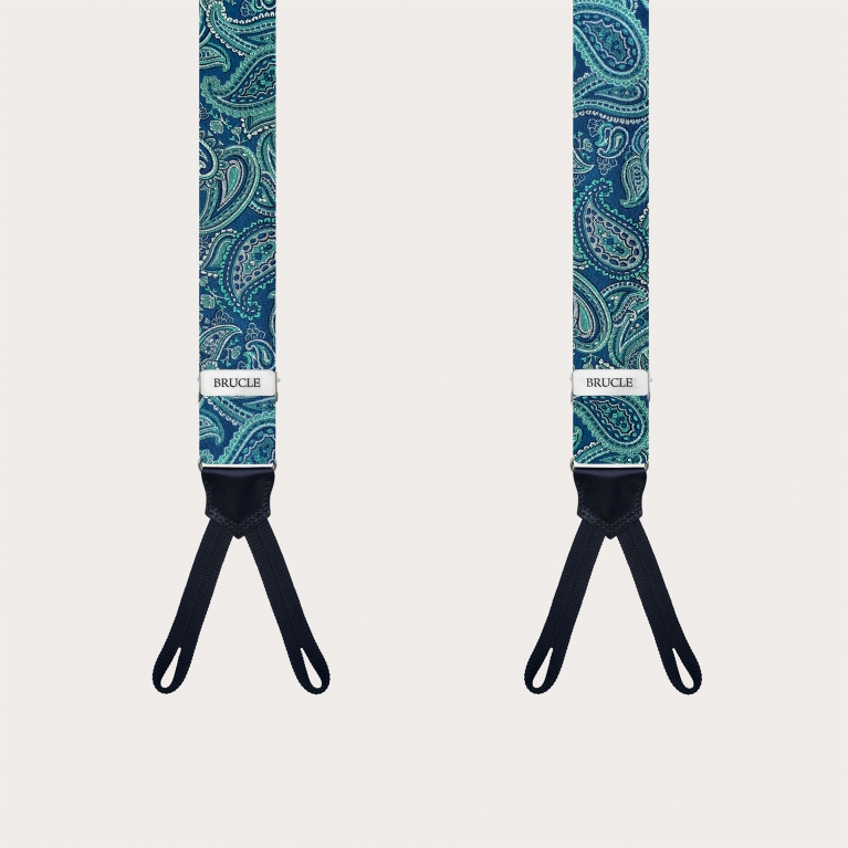 Men's green paisley button suspenders