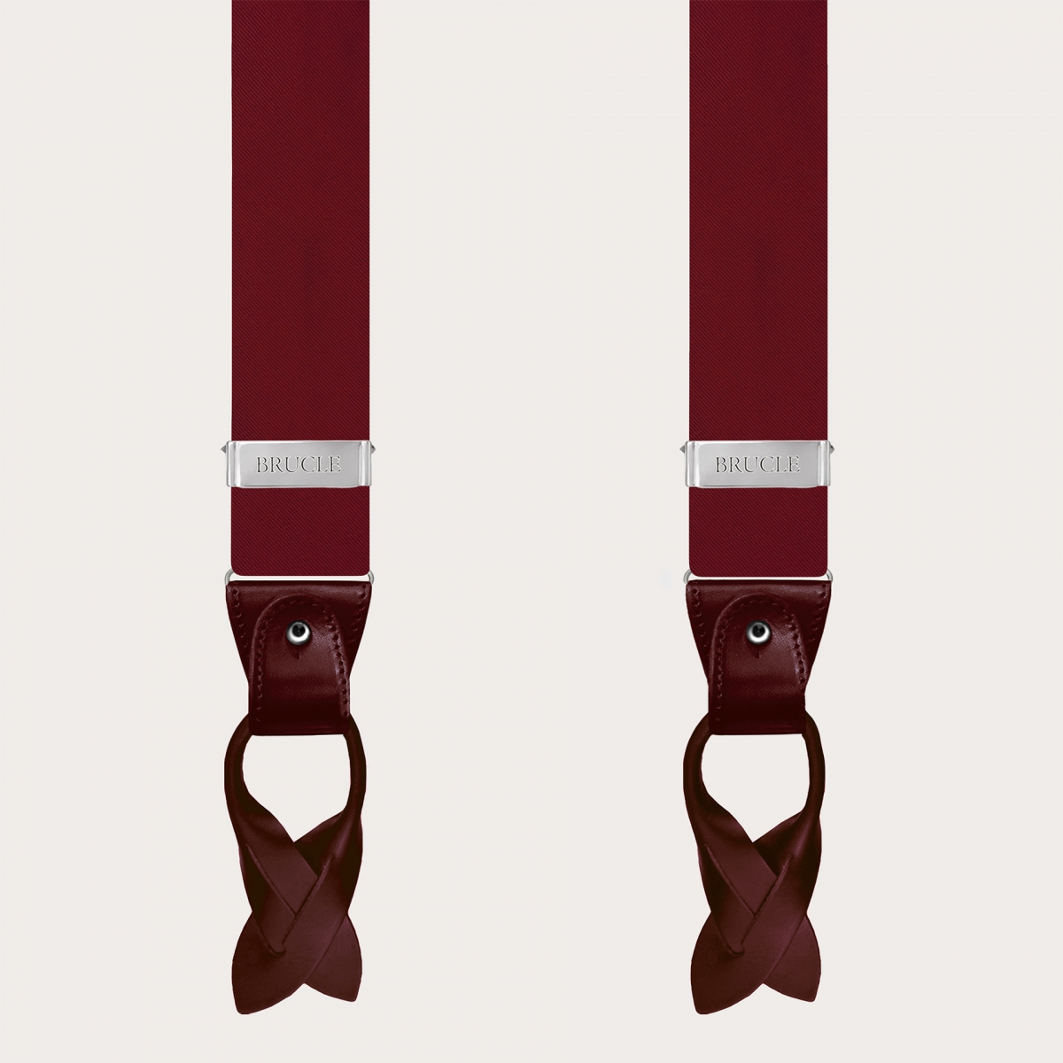 Men's burgundy suspenders in double-use silk satin, with nickel-free buttons or clips