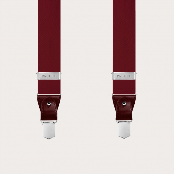 Men's burgundy suspenders in double-use silk satin, with nickel-free buttons or clips