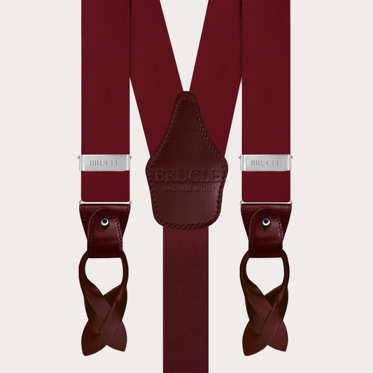 Men's burgundy suspenders in double-use silk satin, with nickel-free buttons or clips