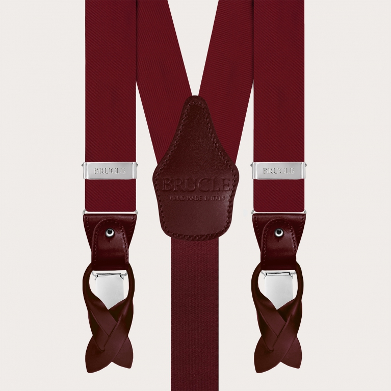 Men's burgundy suspenders in double-use silk satin, with nickel-free buttons or clips