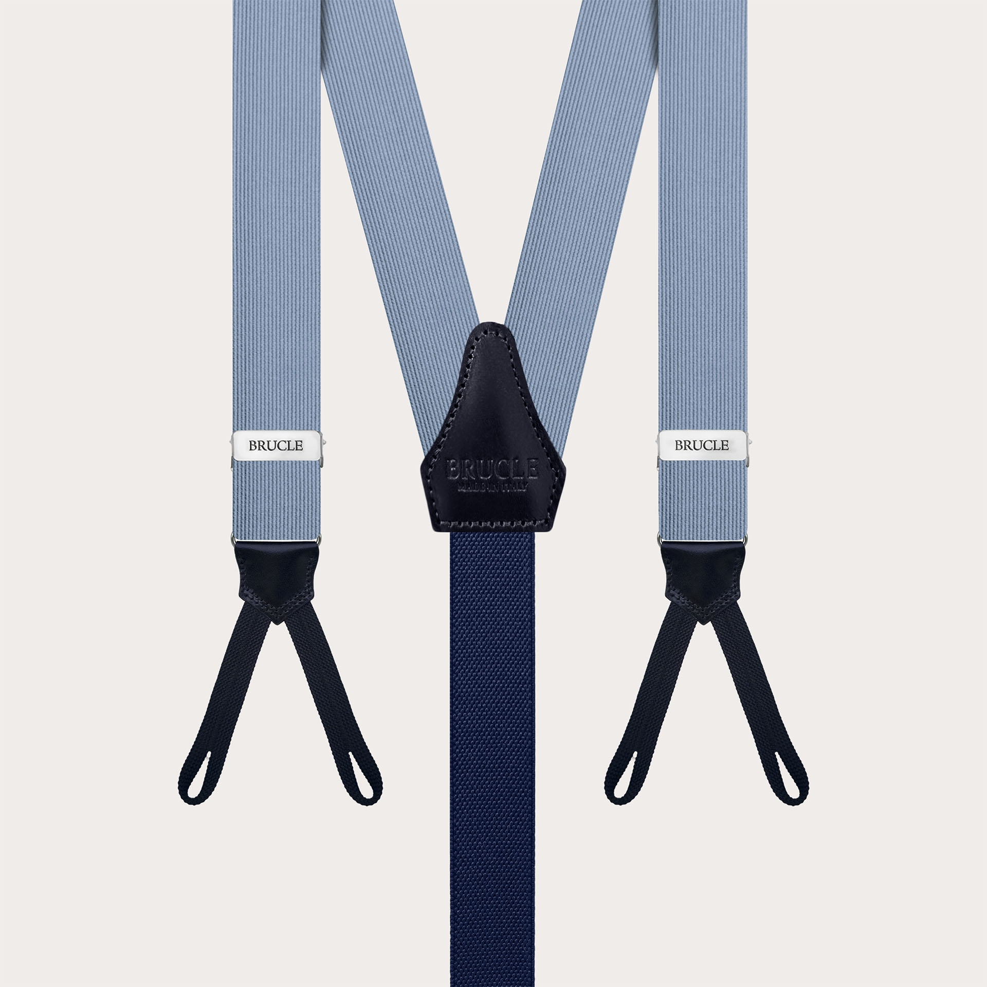 Suspenders in light blue silk with buttonholes