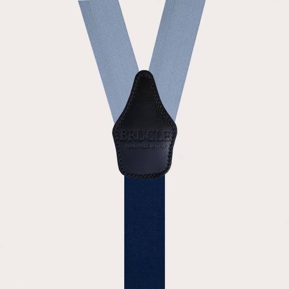 Blue silk suspenders with buttonholes and gold metal parts