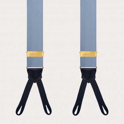 Blue silk suspenders with buttonholes and gold metal parts