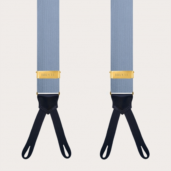 Blue silk suspenders with buttonholes and gold metal parts