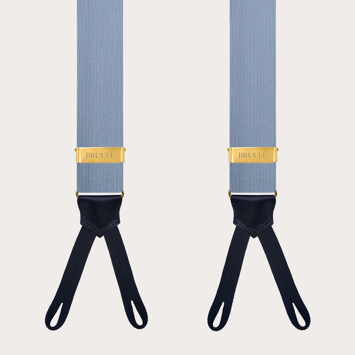 Blue silk suspenders with buttonholes and gold metal parts