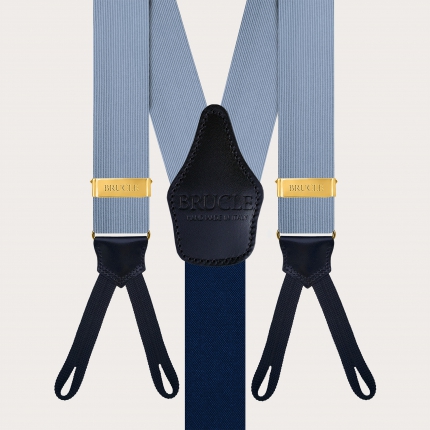 Blue silk suspenders with buttonholes and gold metal parts