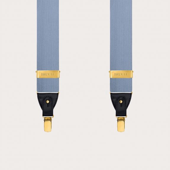 Blue silk suspenders with gold metal parts for buttons or clips