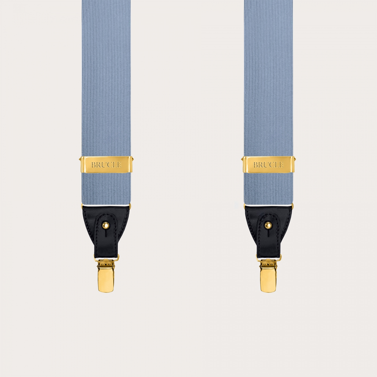 Blue silk suspenders with gold metal parts for buttons or clips