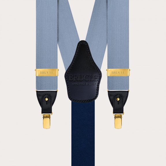 Blue silk suspenders with gold metal parts for buttons or clips