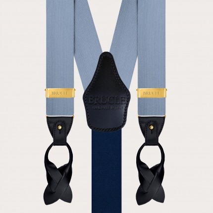 Blue silk suspenders with gold metal parts for buttons or clips