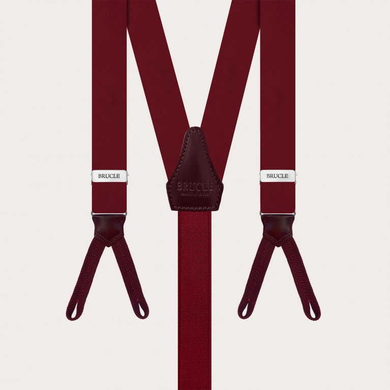 Narrow burgundy silk suspenders with buttonholes