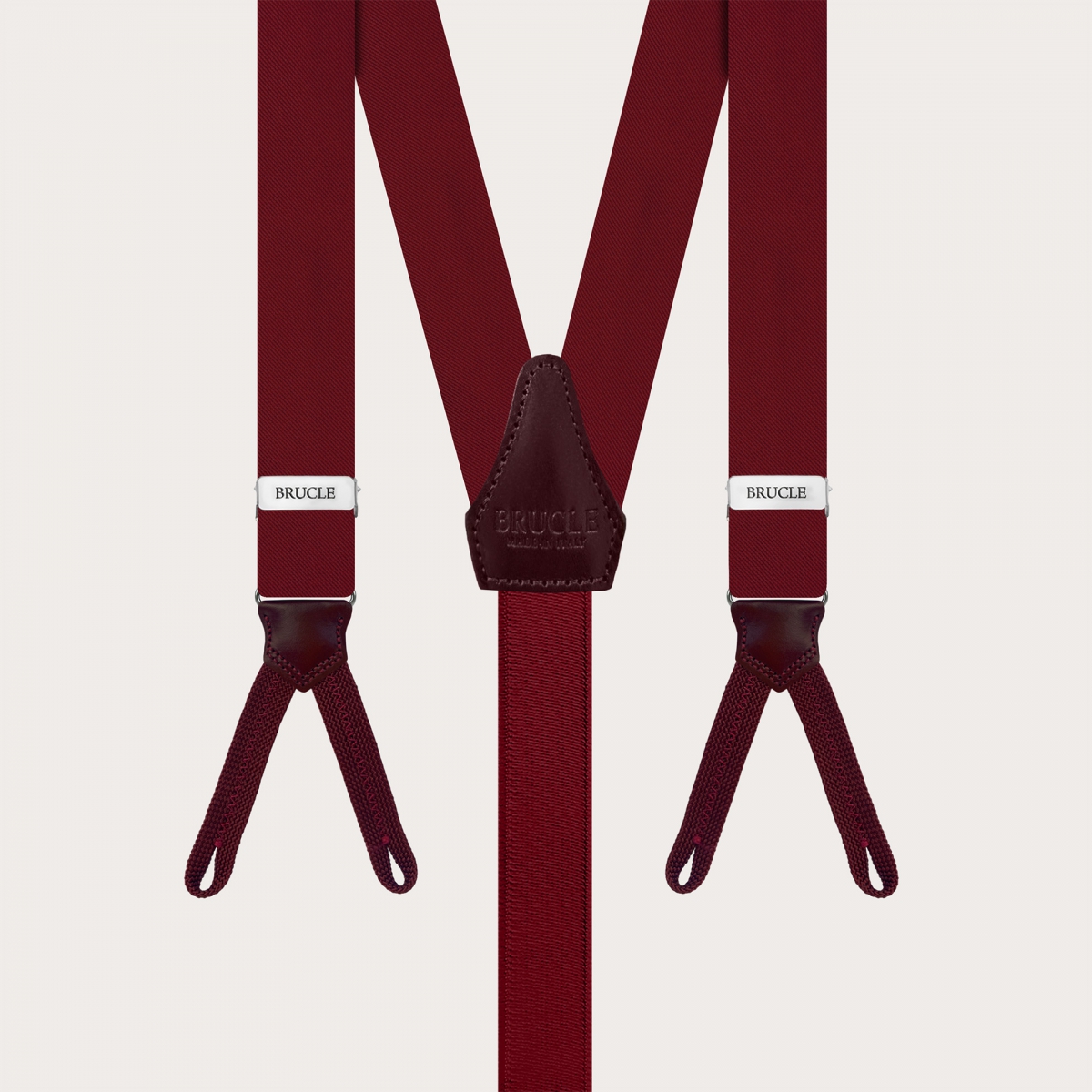 Narrow burgundy silk suspenders with buttonholes