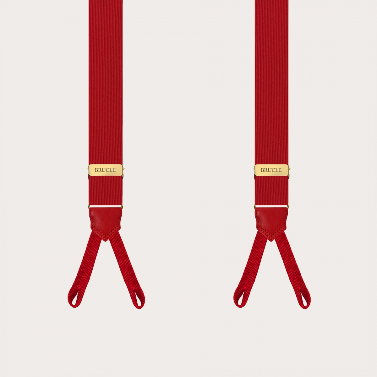 Red silk suspenders with gold parts and buttonholes