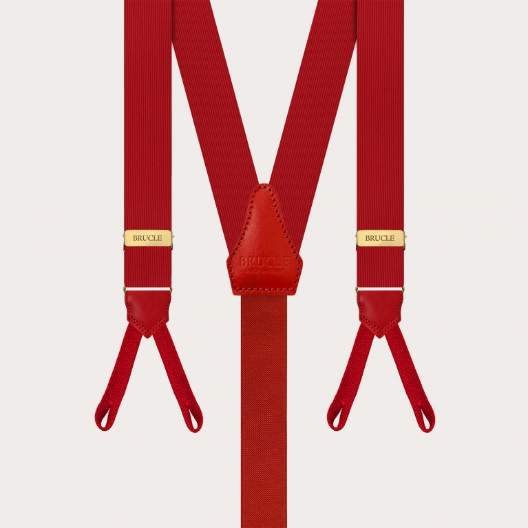 Red silk suspenders with gold parts and buttonholes