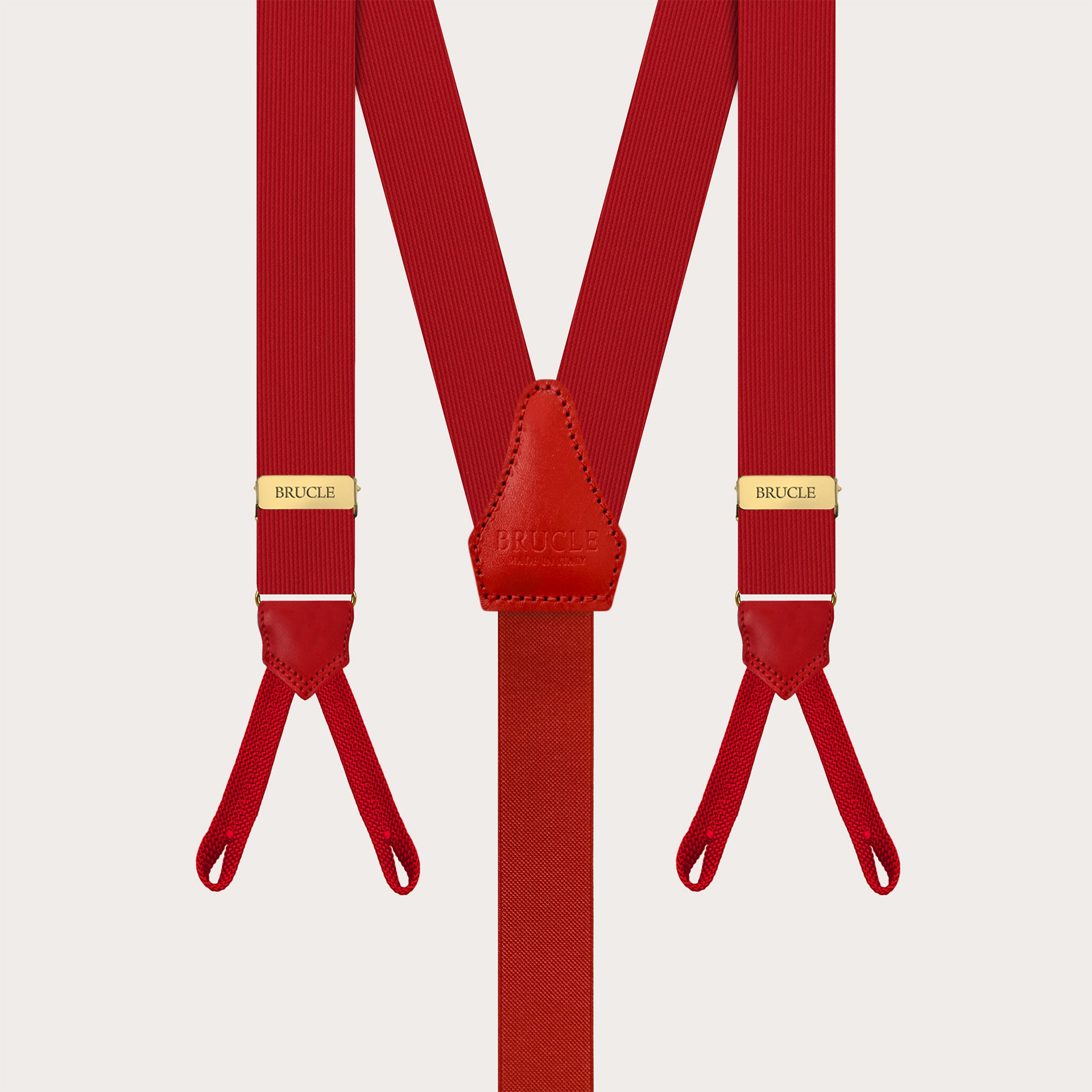 Red silk suspenders with gold parts and buttonholes