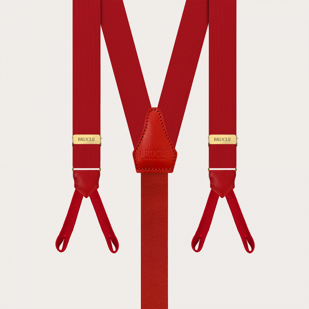 Red silk suspenders with gold parts and buttonholes