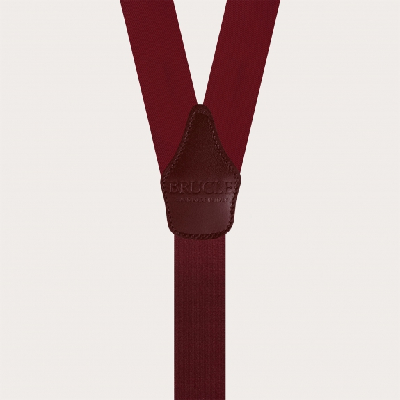 Burgundy silk satin suspenders for buttons with gold adjusters