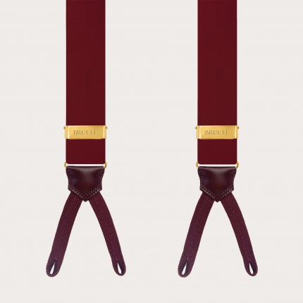 Burgundy silk satin suspenders for buttons with gold adjusters