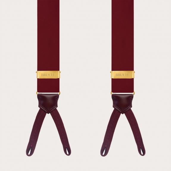 Burgundy silk satin suspenders for buttons with gold adjusters