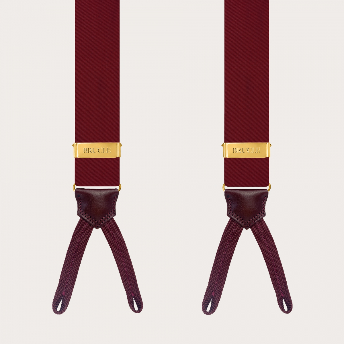 Burgundy silk satin suspenders for buttons with gold adjusters