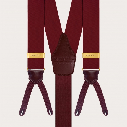 Burgundy silk satin suspenders for buttons with gold adjusters