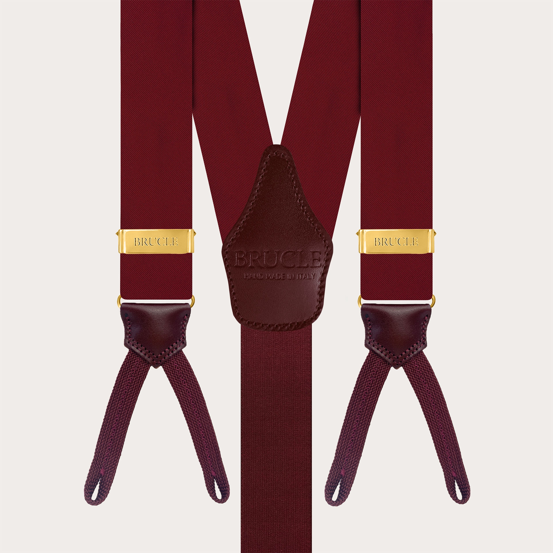 Burgundy silk satin suspenders for buttons with gold adjusters