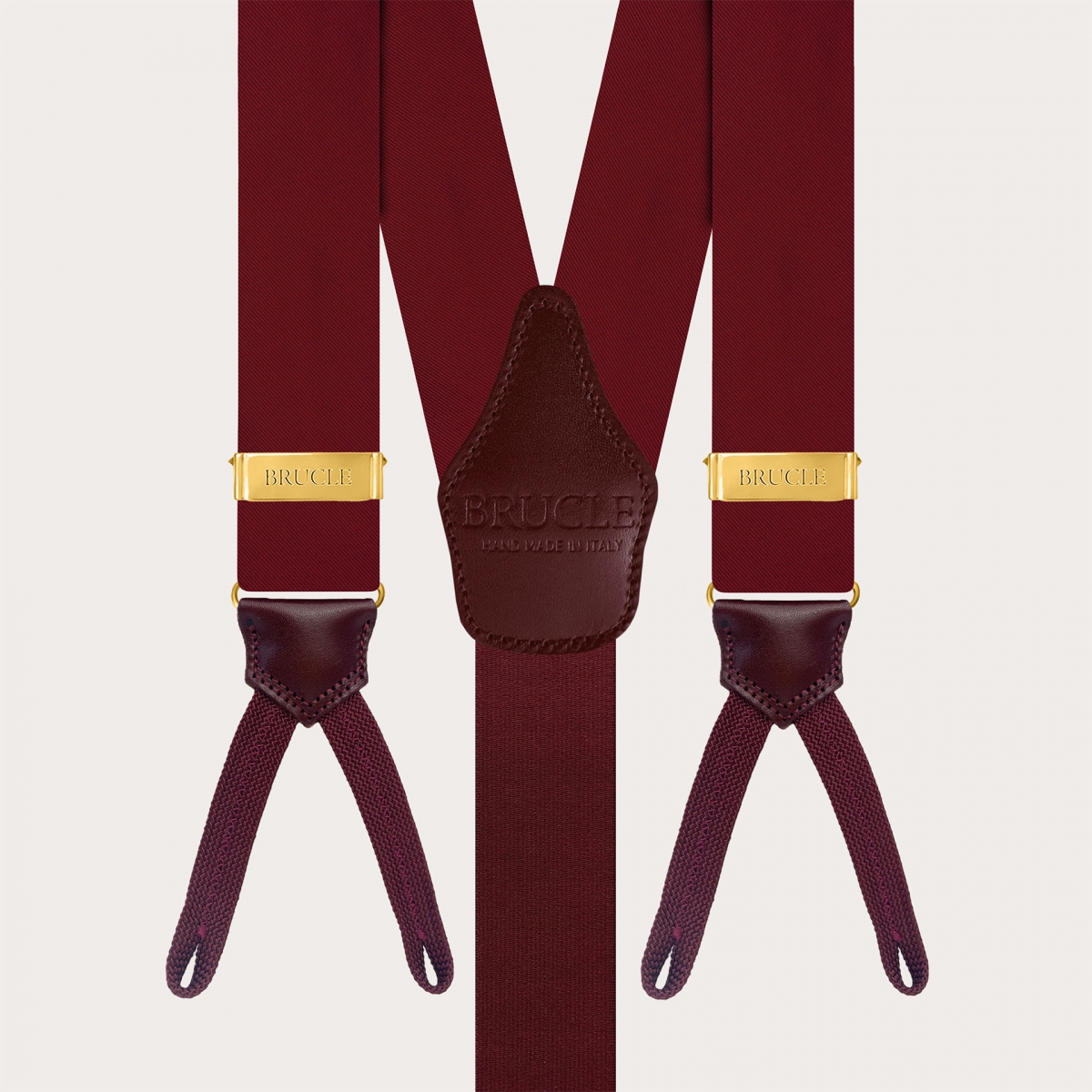 Burgundy silk satin suspenders for buttons with gold adjusters