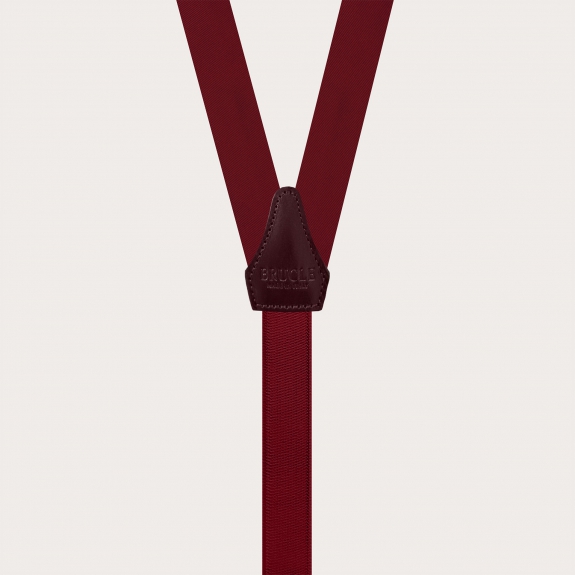 Narrow burgundy silk satin suspenders for buttons or clips