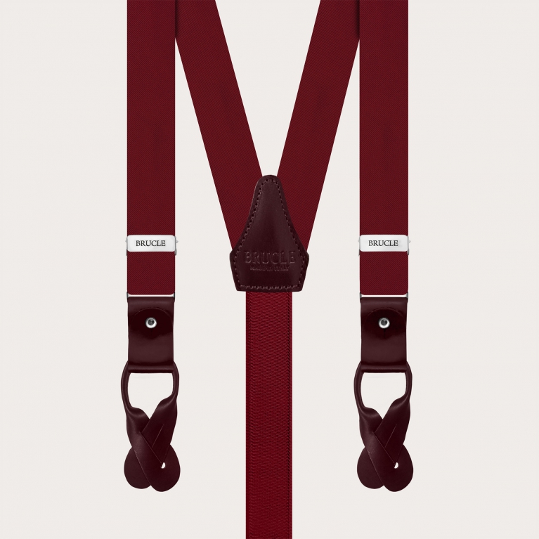 Narrow burgundy silk satin suspenders for buttons or clips