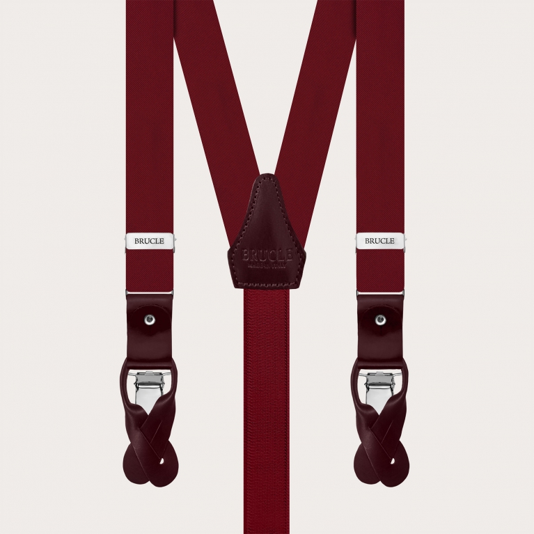 Narrow burgundy silk satin suspenders for buttons or clips