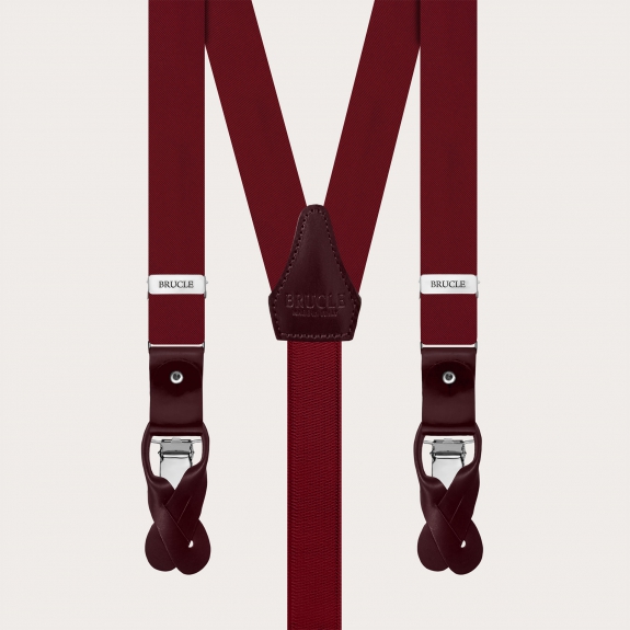 Narrow burgundy silk satin suspenders for buttons or clips