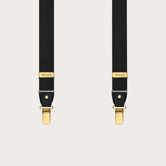 Black suspenders with gold clips in double-use satin silk