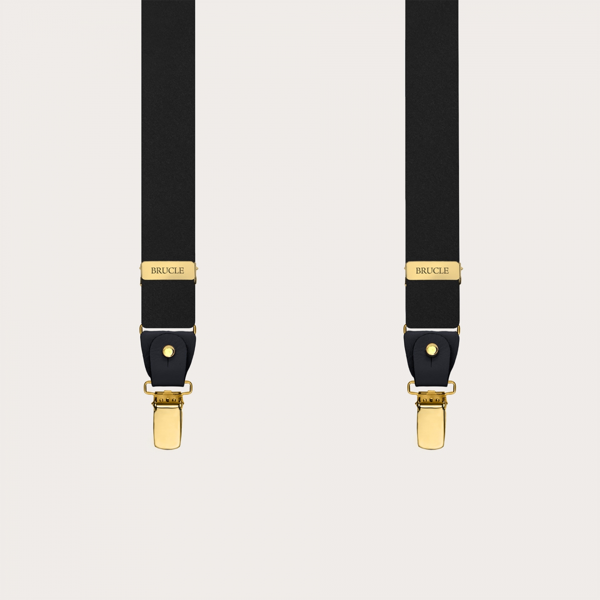 Black suspenders with gold clips in double-use satin silk