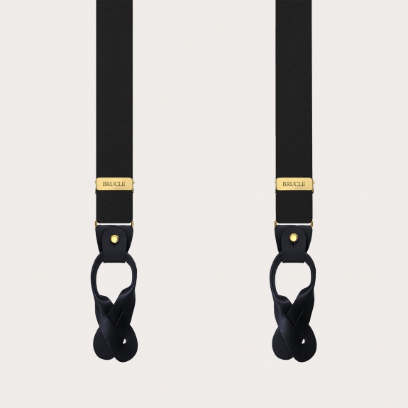 Black suspenders with gold clips in double-use satin silk