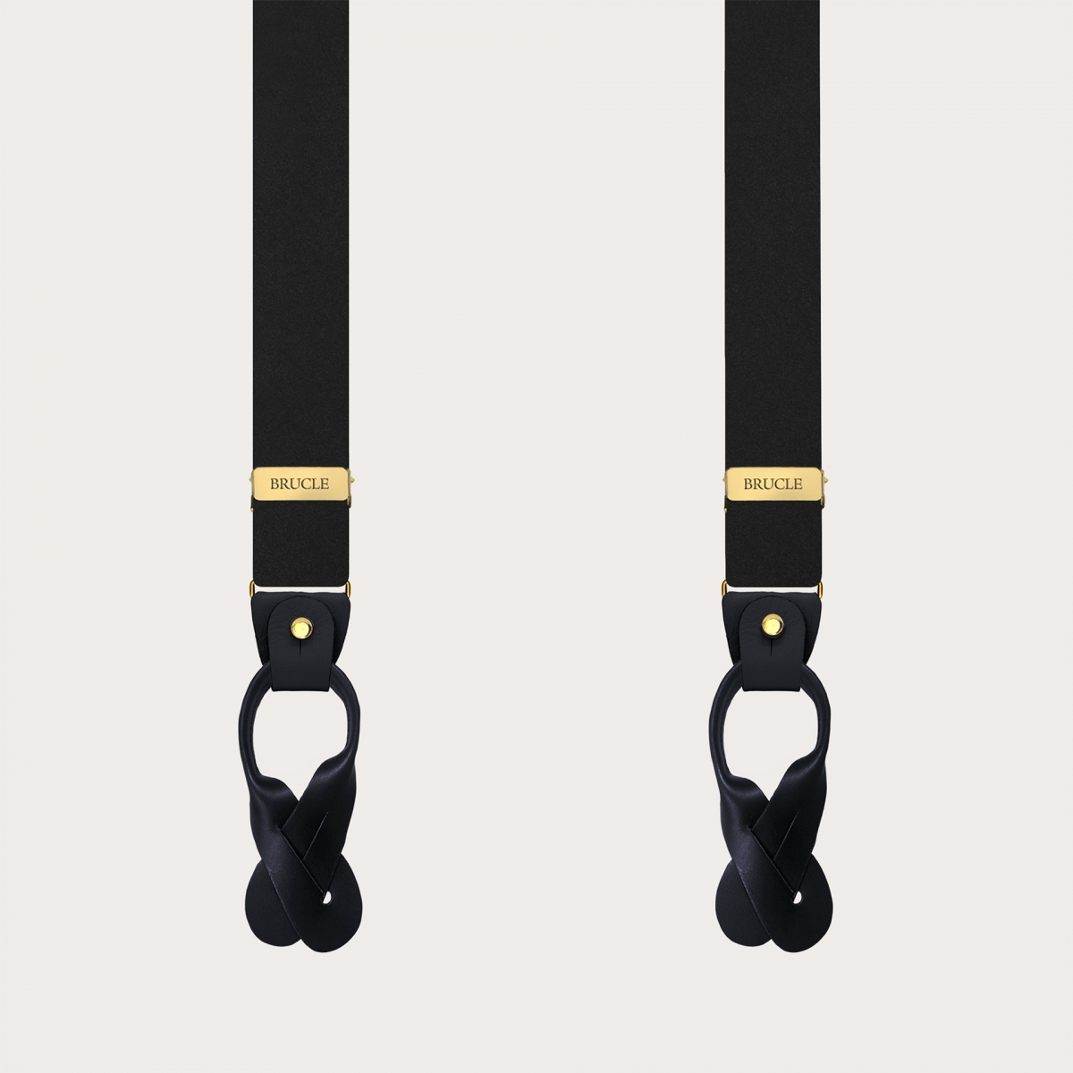 Black suspenders with gold clips in double-use satin silk